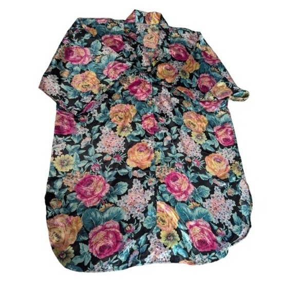 Kathryn Tops - Vintage Kathryn Floral Satin Sleep Shirt Large Mumu Nightgown Long Sleeve Silky